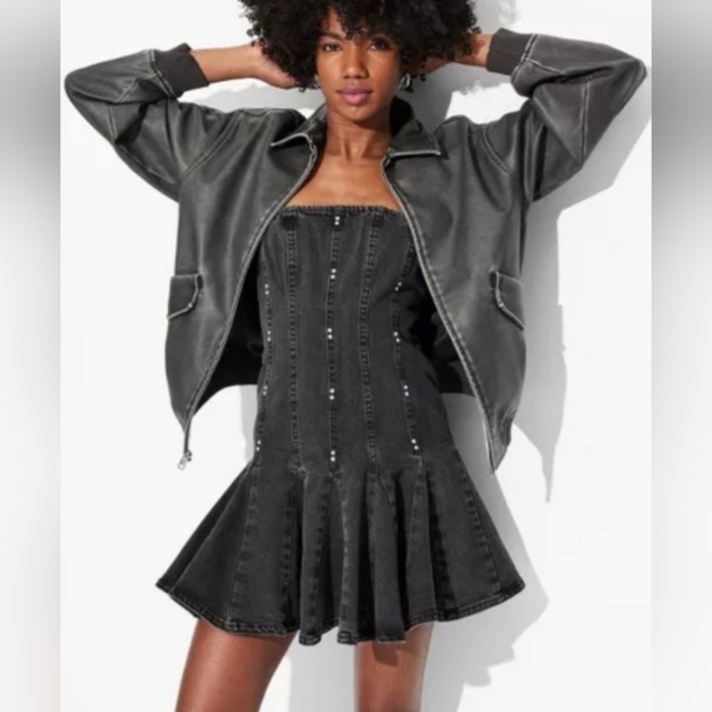 Wild Fable Black Denim Strapless Minidress with Silver Stud Details